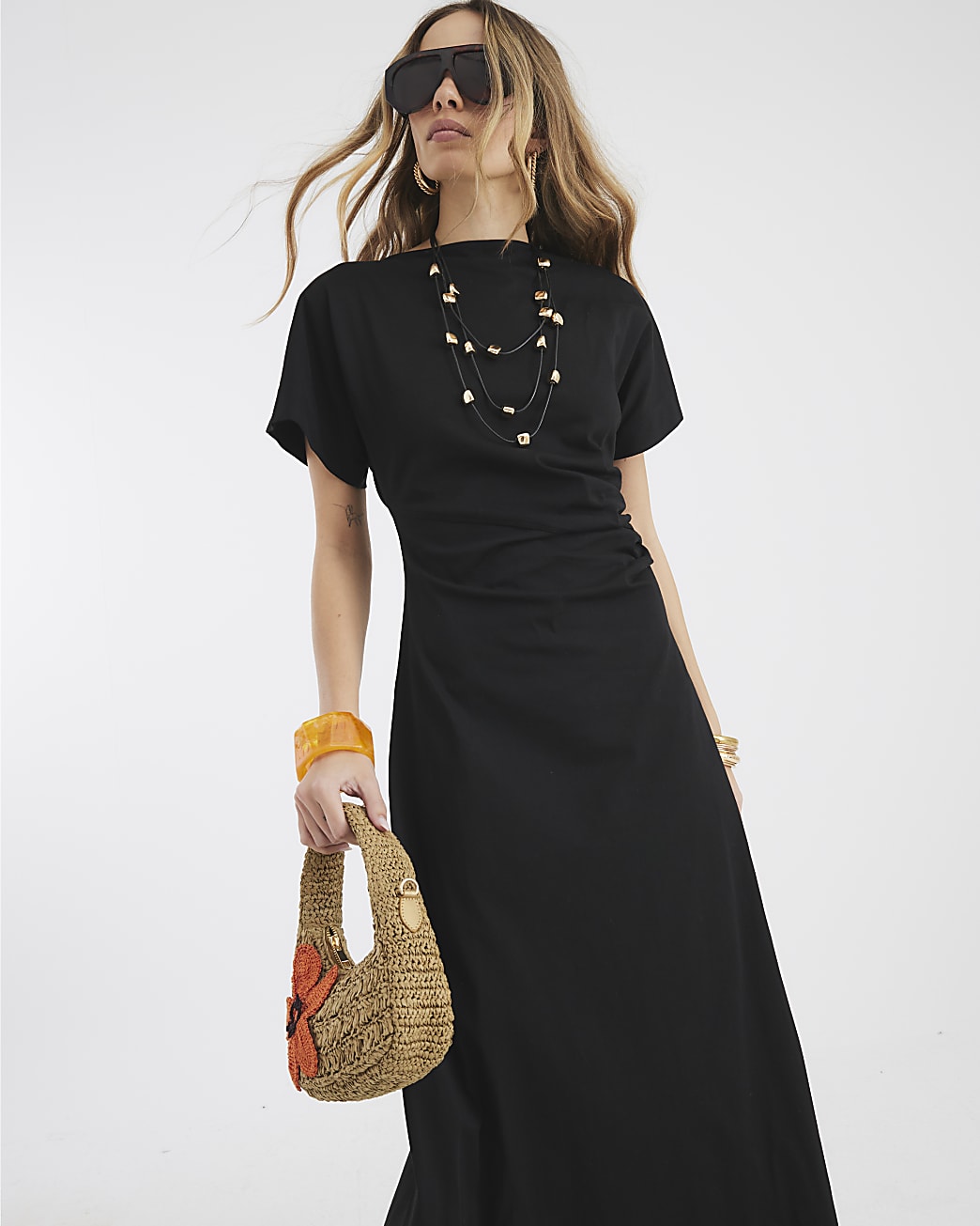 Short Sleeve Drape Side Midi Dress