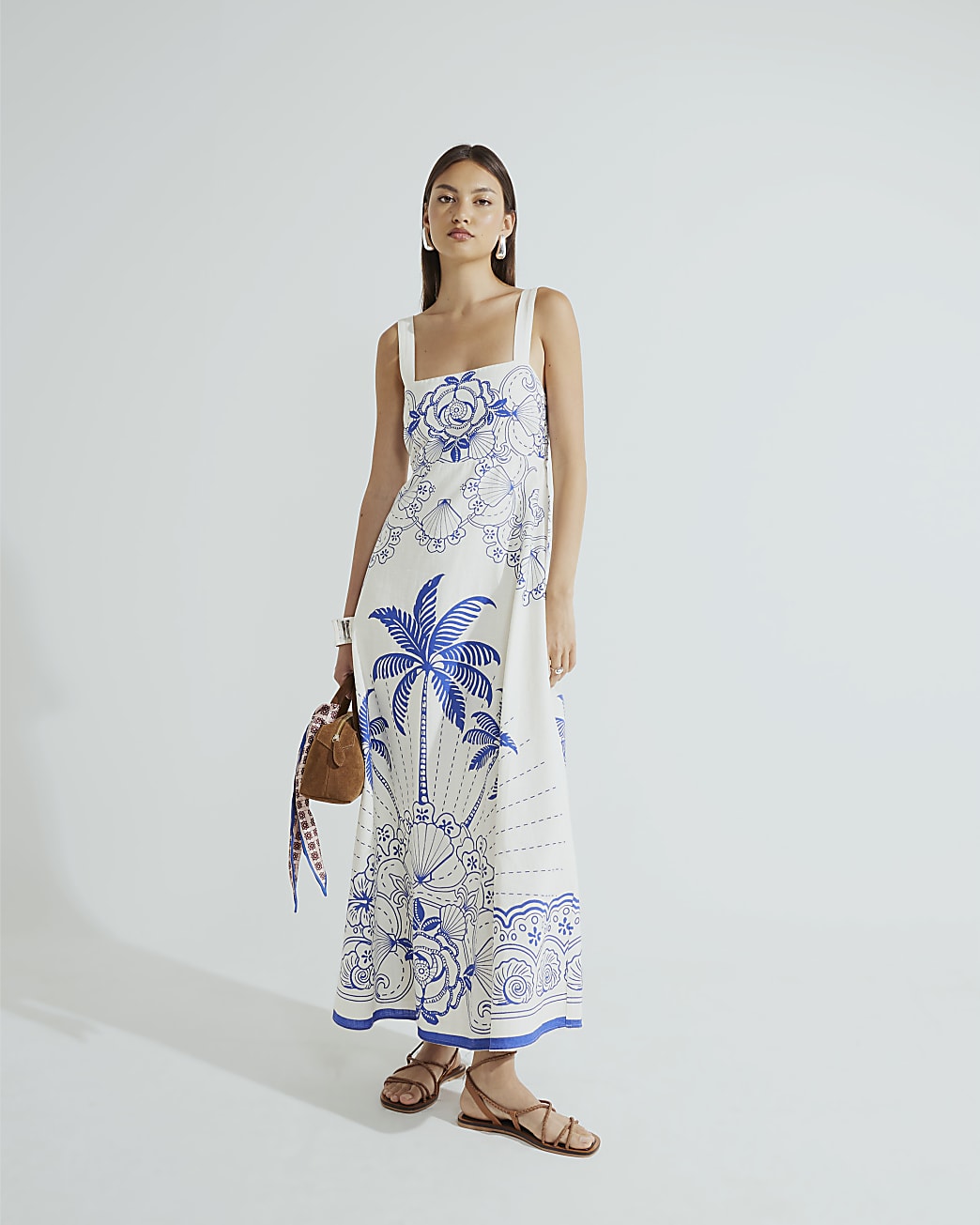 Blue Palm Print Maxi Dress