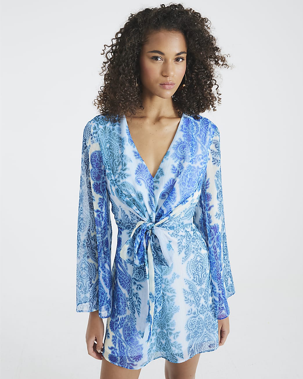 Long Sleeve Tie Front Mini Dress
