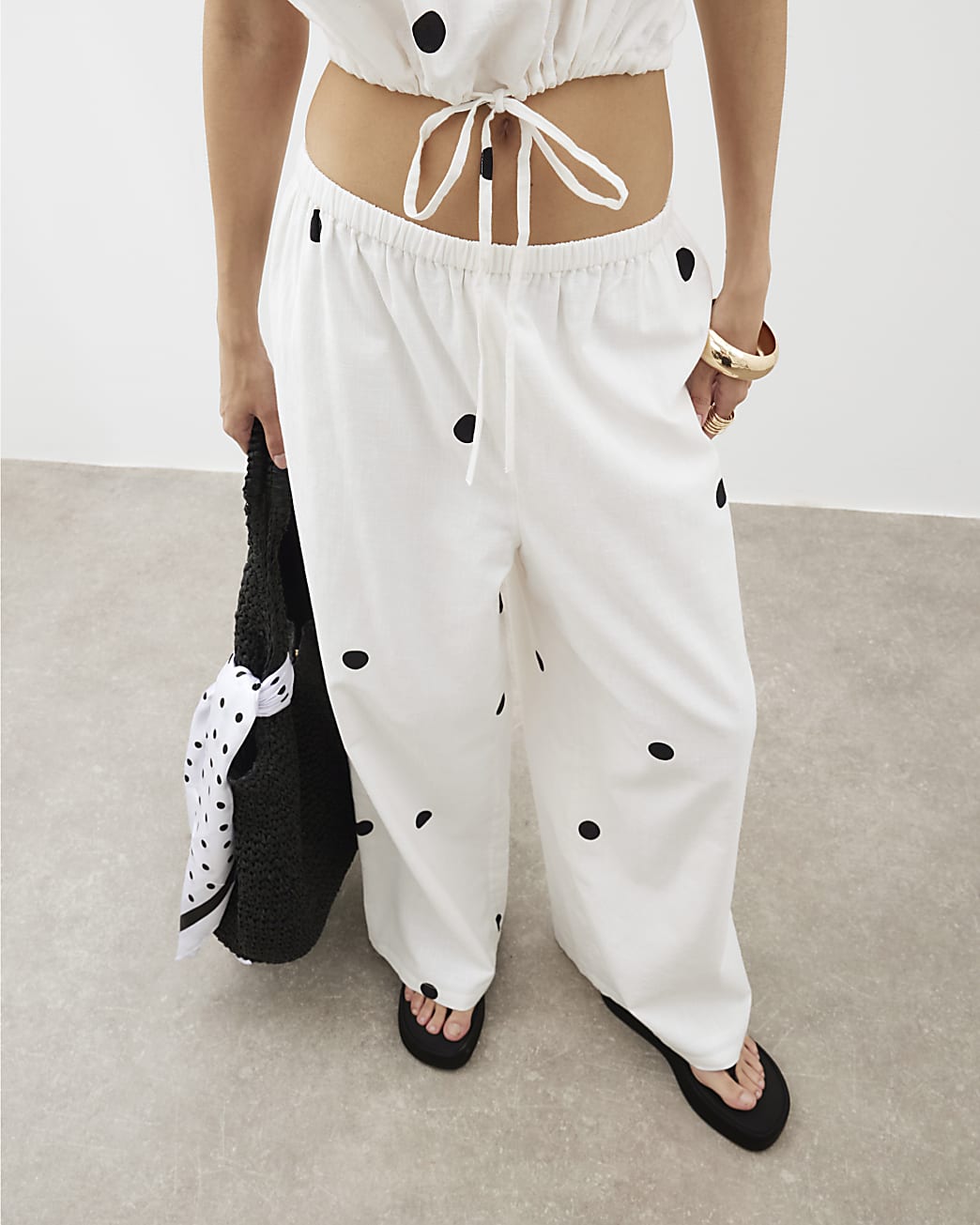 Cream Polka Dot Wide Leg Trousers