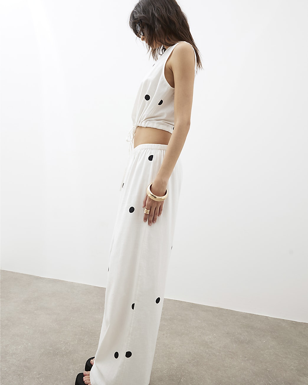 Cream Polka Dot Wide Leg Trousers