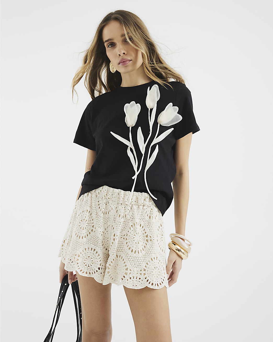 Eerie Black T.shirt with Delicate Organza Blooms