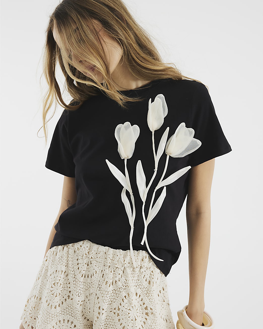 Eerie Black T.shirt with Delicate Organza Blooms
