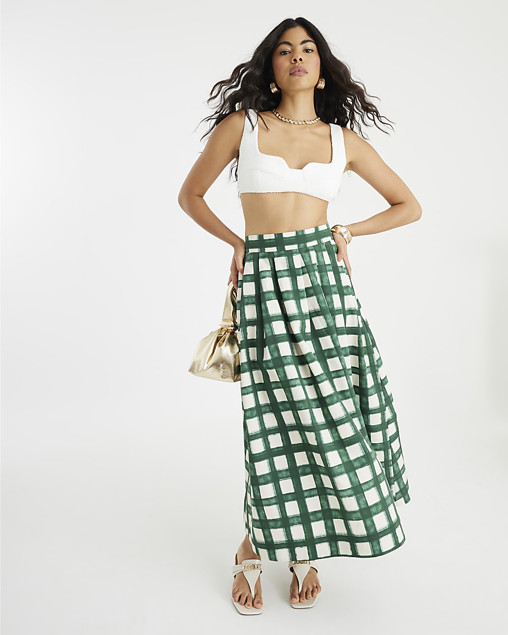 Emerald Plaid Midi Skirt