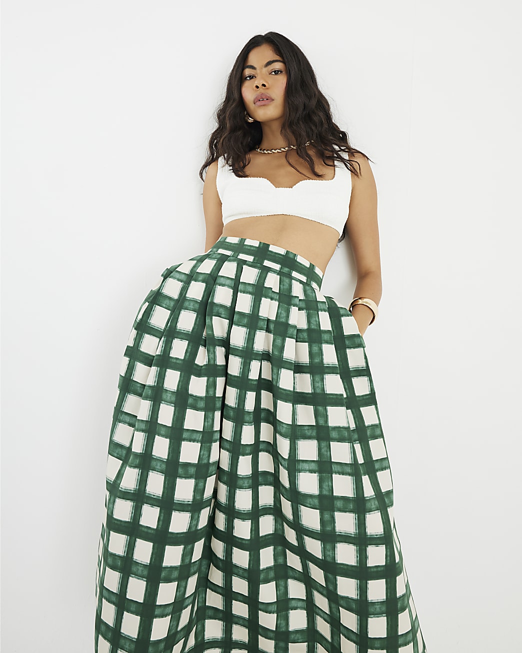 Emerald Plaid Midi Skirt