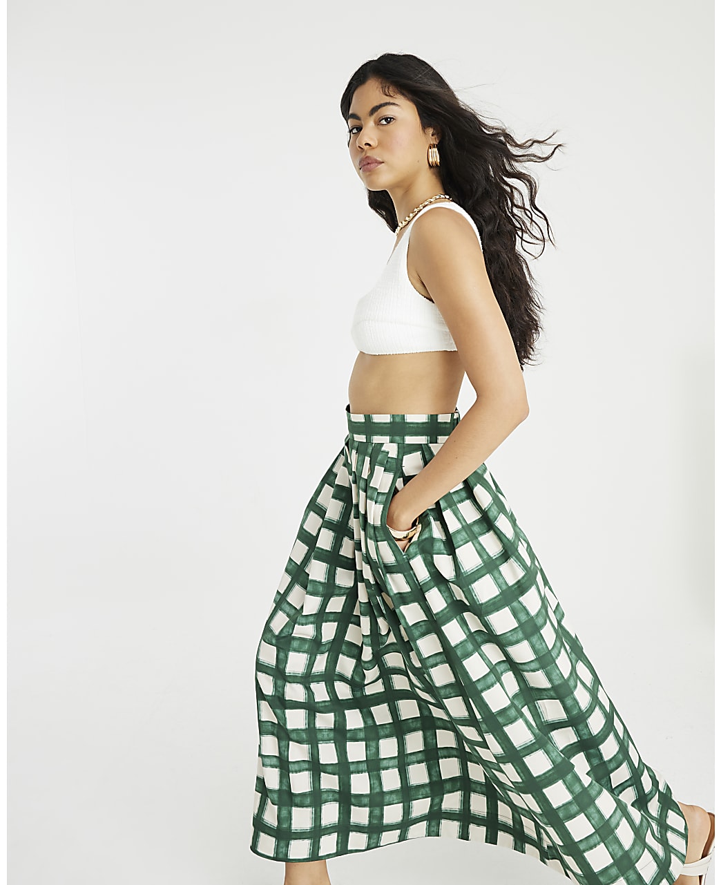 Emerald Plaid Midi Skirt