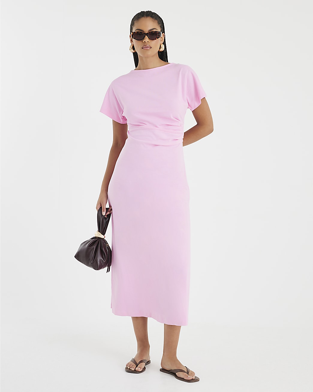 Short Sleeve Drape Side Midi Dress