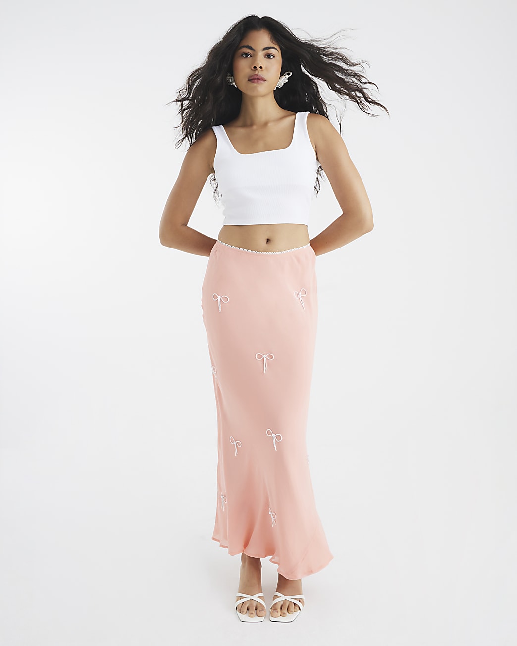 Patel Pink Bow Embellished Satin Midi Skirt