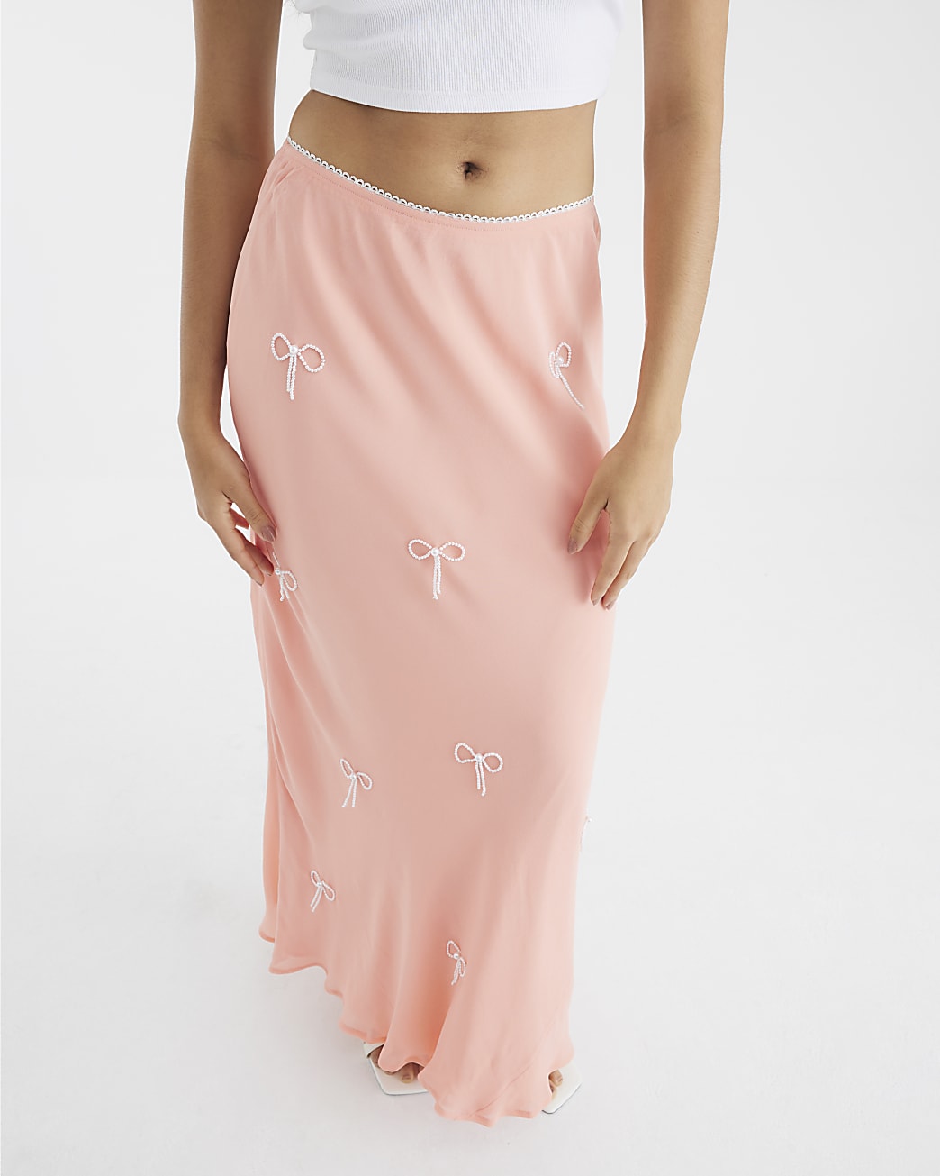 Patel Pink Bow Embellished Satin Midi Skirt