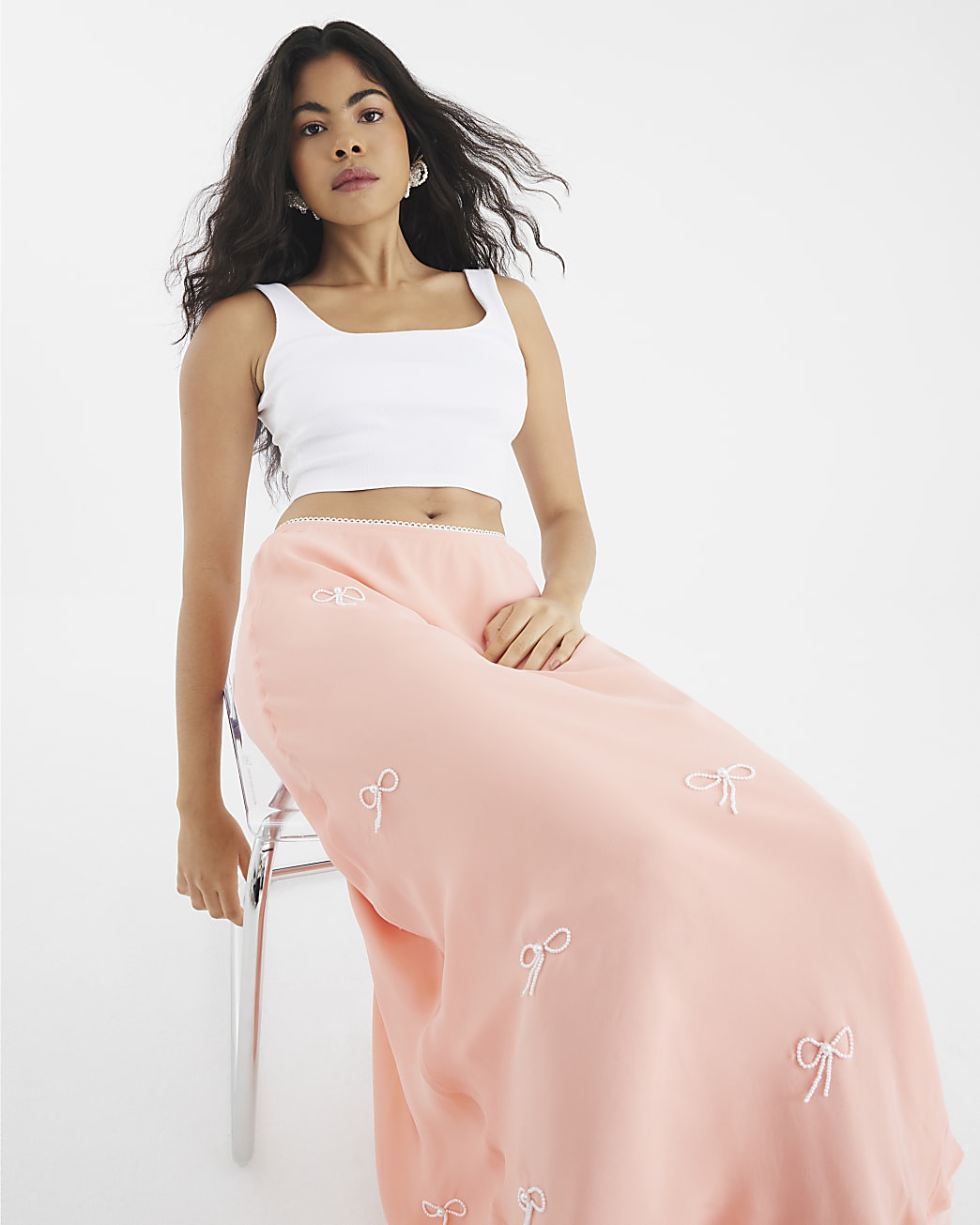 Patel Pink Bow Embellished Satin Midi Skirt