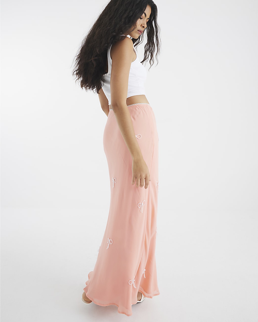 Patel Pink Bow Embellished Satin Midi Skirt