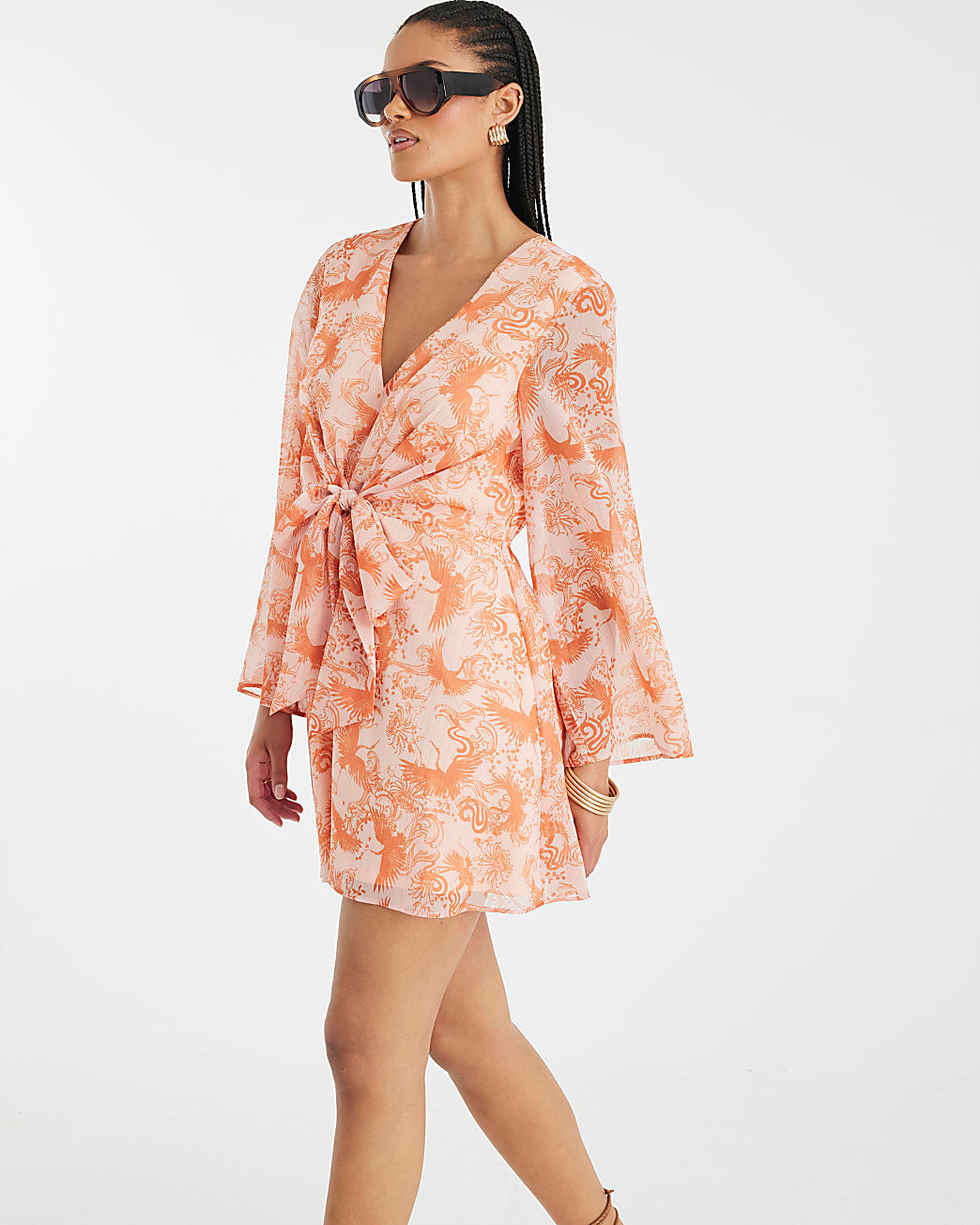 Long Sleeve Tie Front Mini Dress