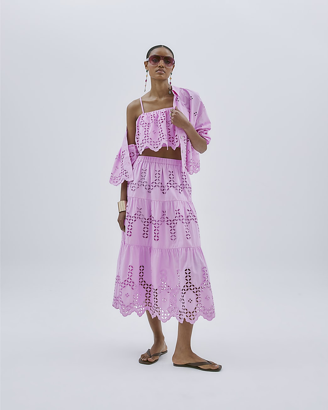 Pink Lavender Cutwork Midi Skirt