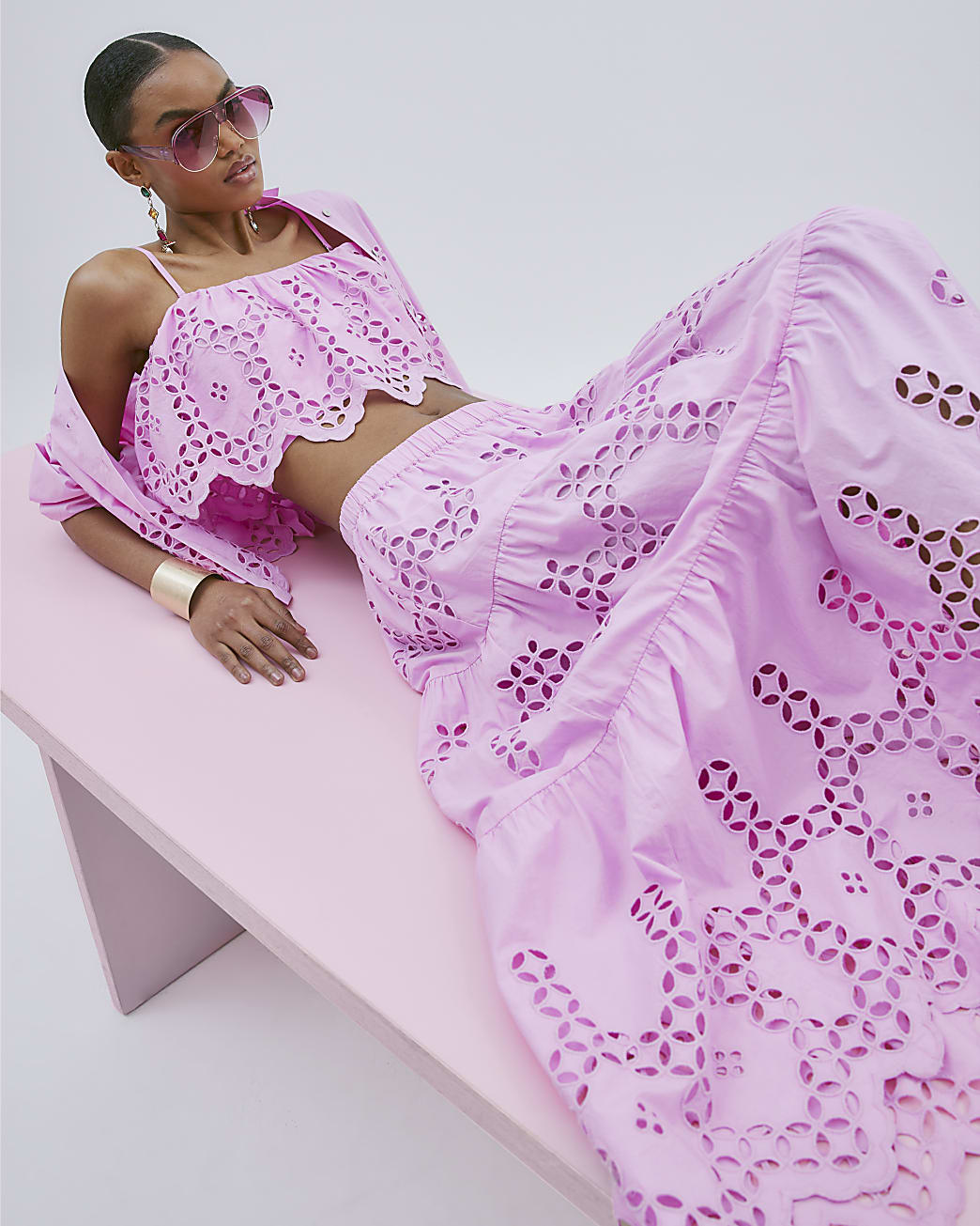 Pink Lavender Cutwork Midi Skirt