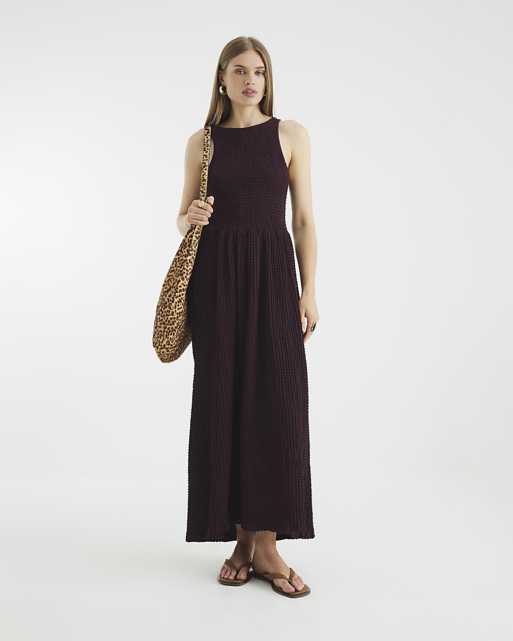 Textured Sleeveless Shirred Midi Dress