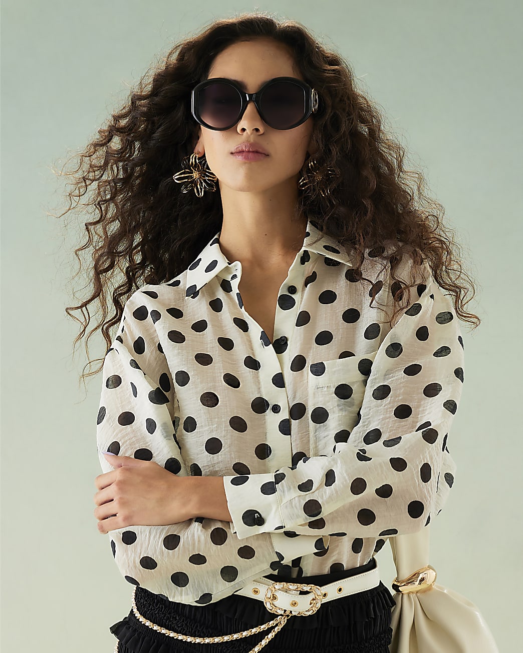 White Long Sleeve Oversized Polka Dot Shirt