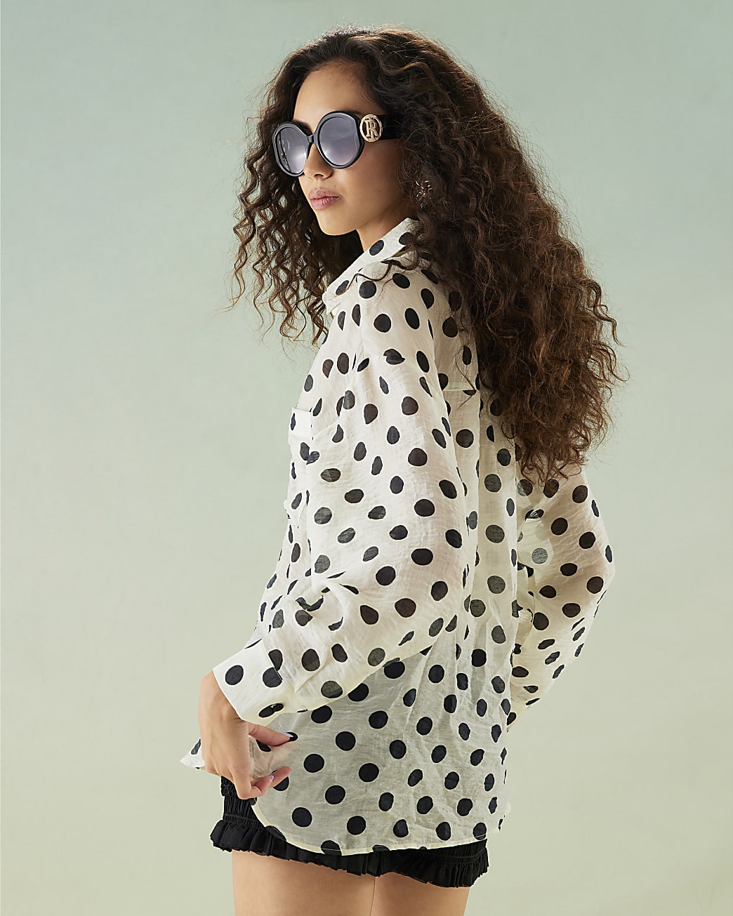 White Long Sleeve Oversized Polka Dot Shirt