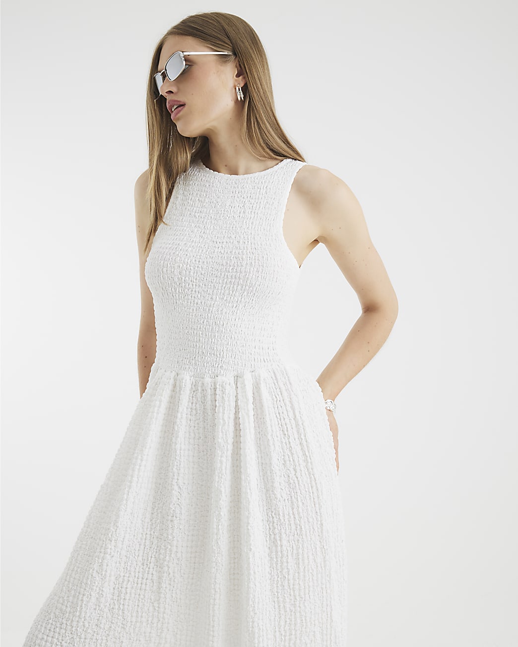 Textured Sleeveless Shirred Midi Dress