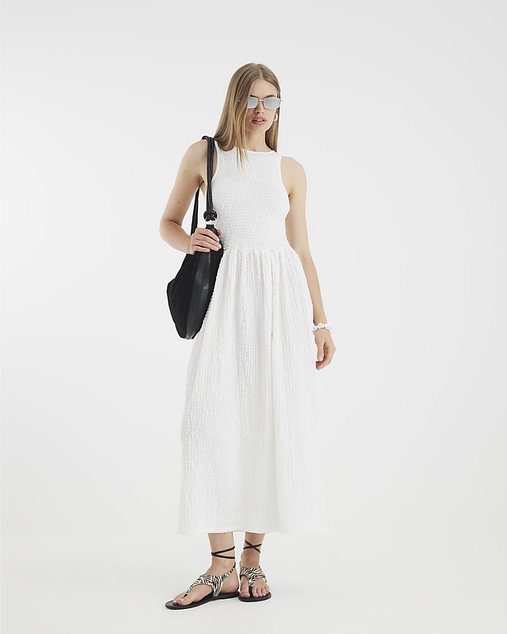 Textured Sleeveless Shirred Midi Dress