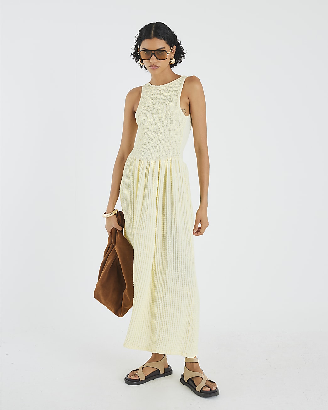 Textured Sleeveless Shirred Midi Dress