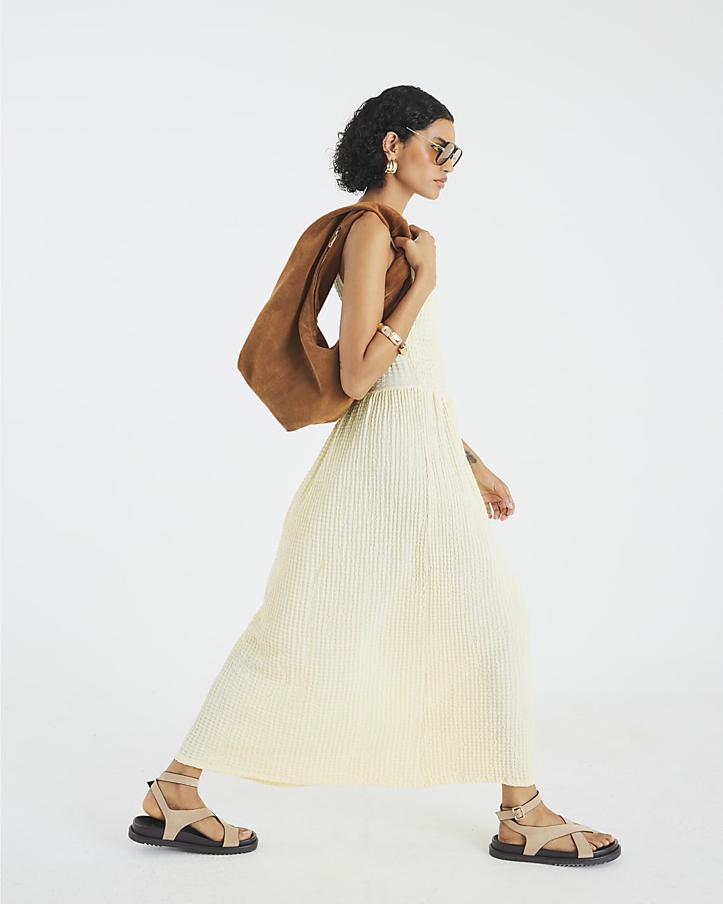 Textured Sleeveless Shirred Midi Dress