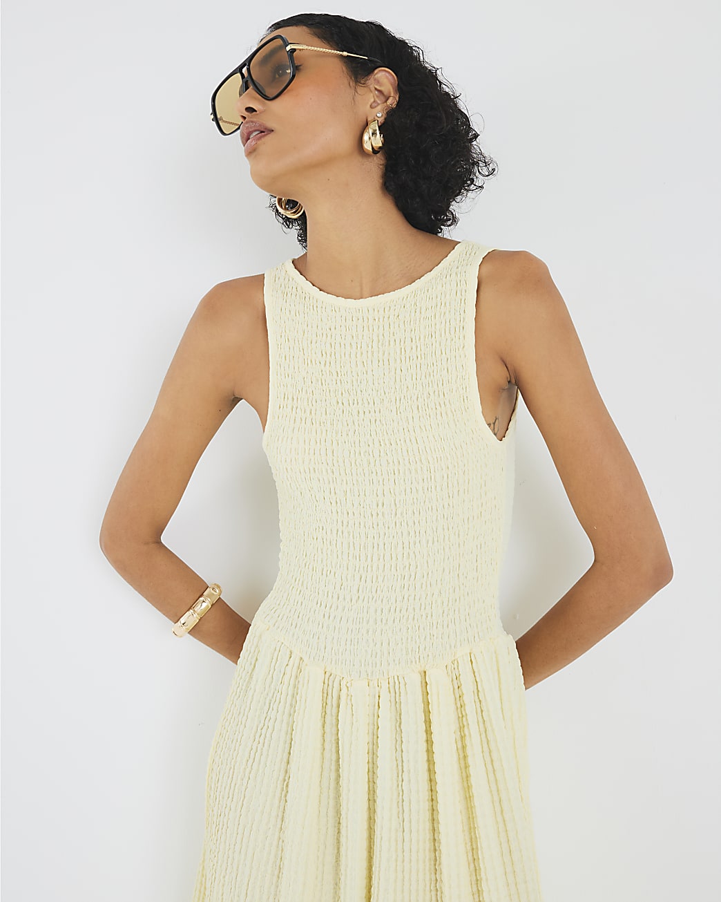 Textured Sleeveless Shirred Midi Dress