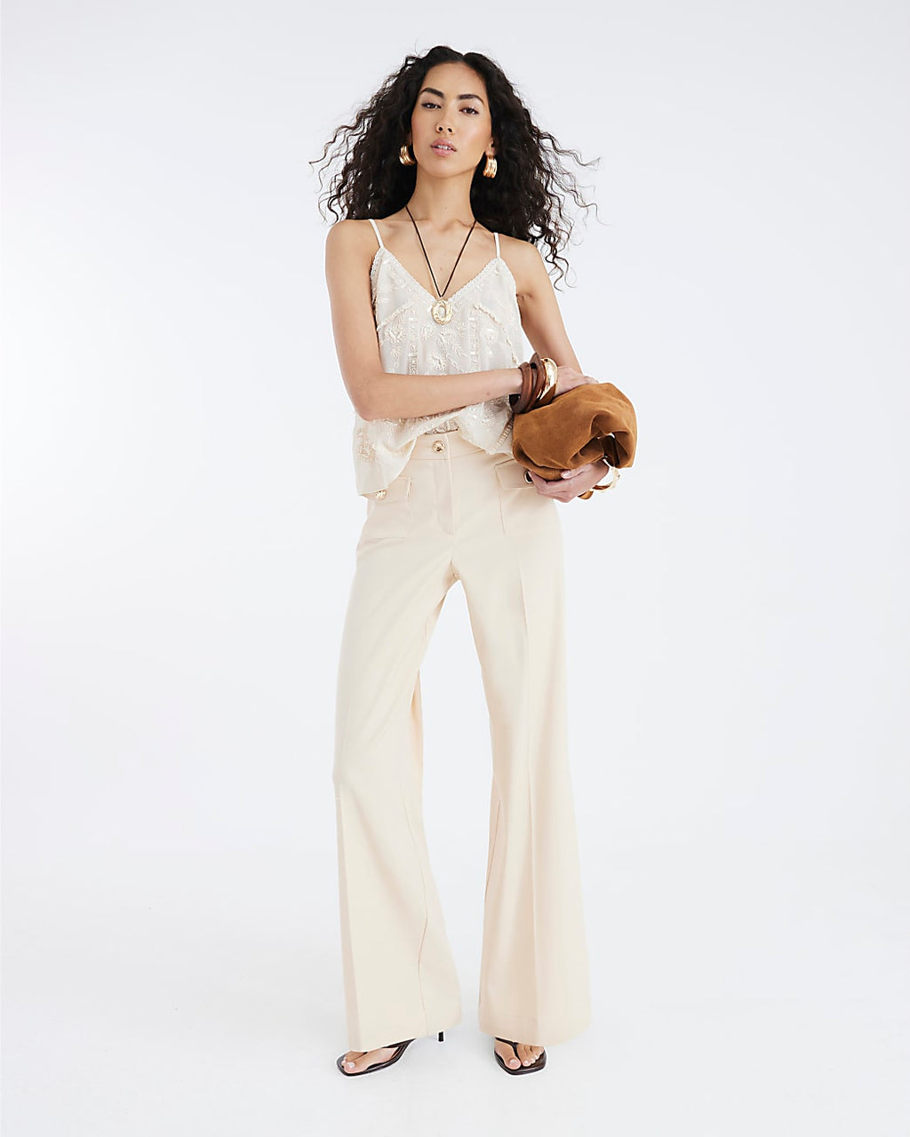 Beige Button Front Straight Leg Trousers