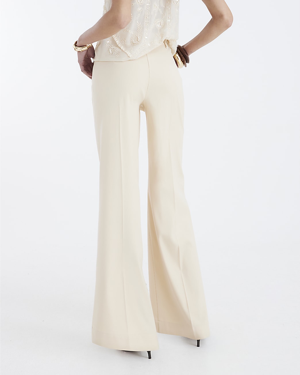 Beige Button Front Straight Leg Trousers
