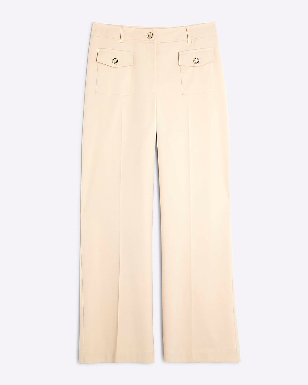 Beige Button Front Straight Leg Trousers