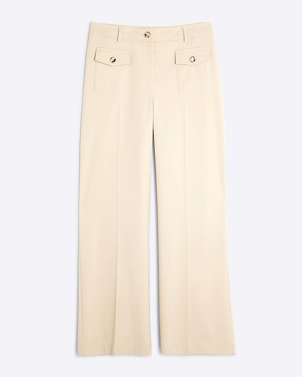 Beige Button Front Straight Leg Trousers