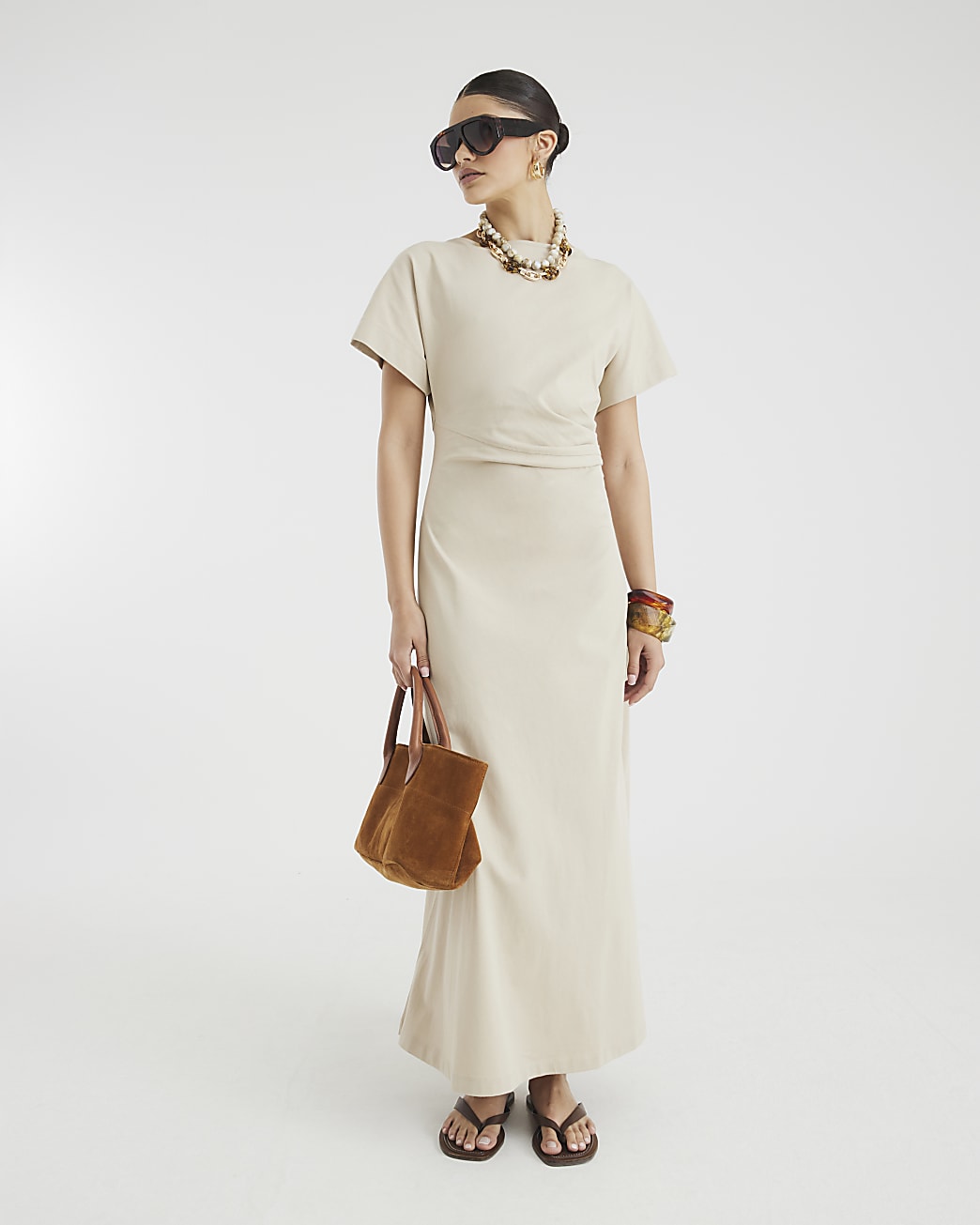 Short Sleeve Drape Side Midi Dress