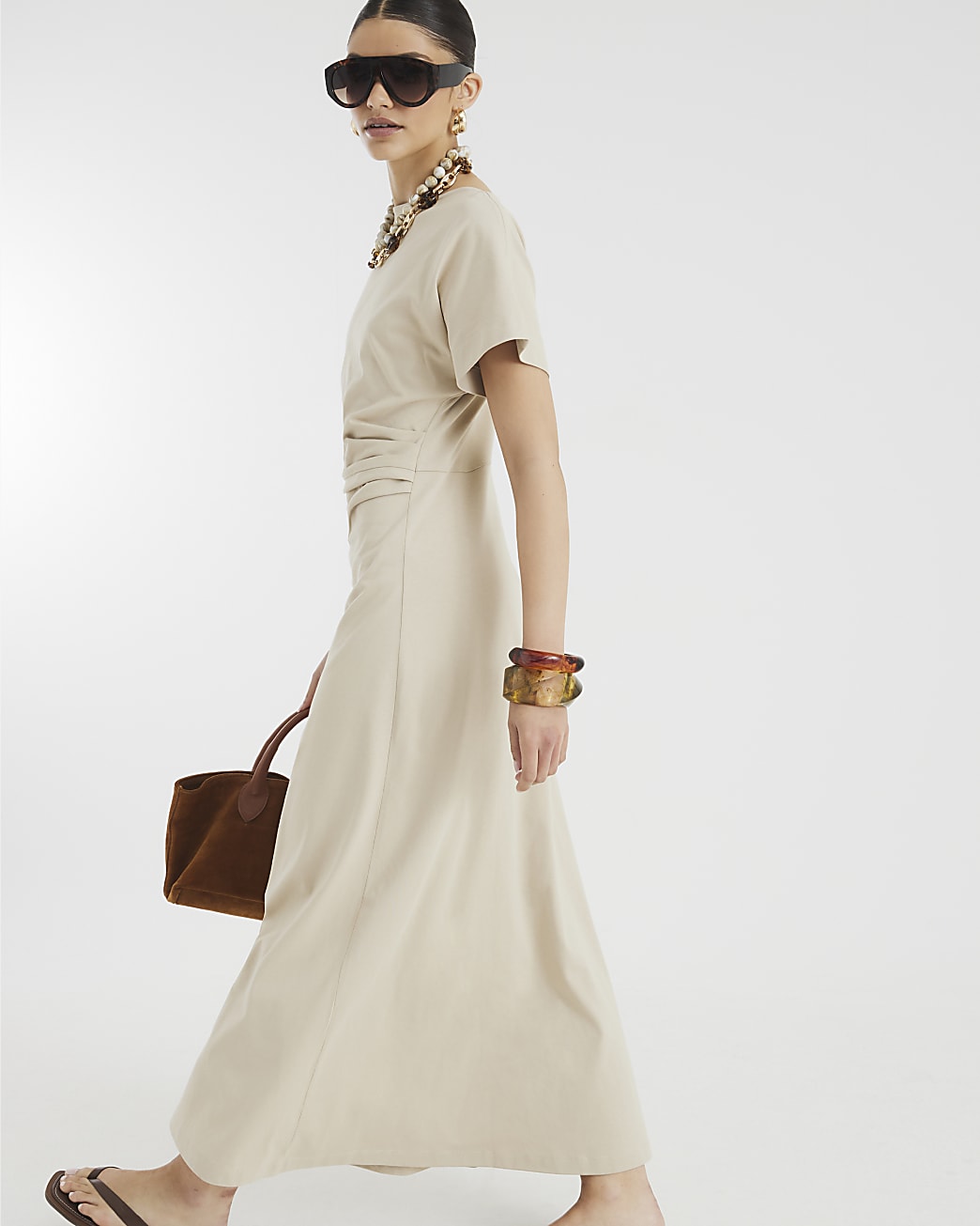 Short Sleeve Drape Side Midi Dress