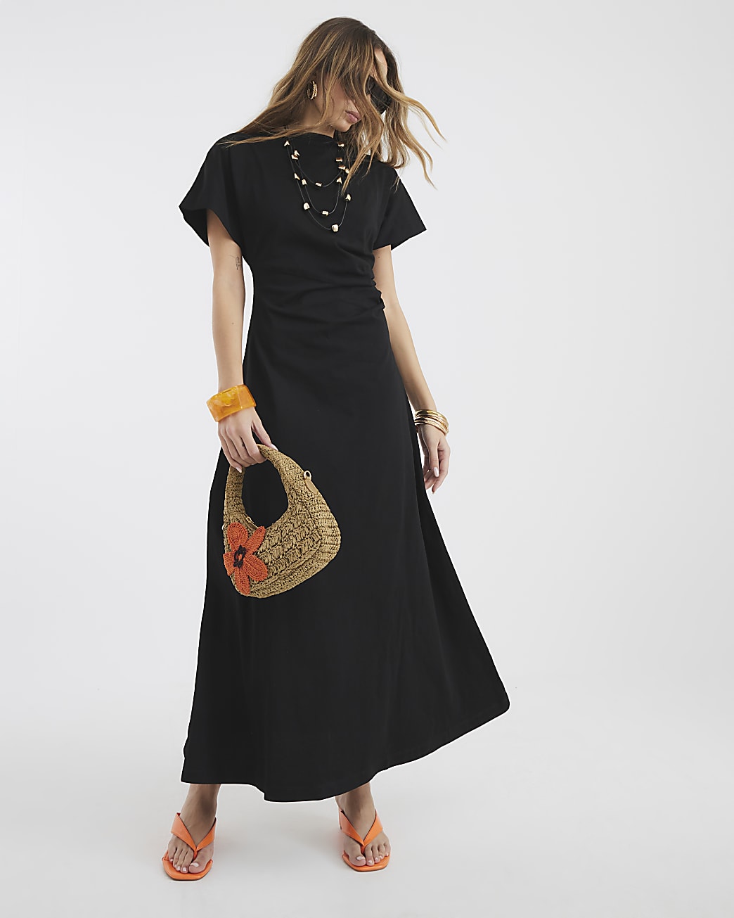 Short Sleeve Drape Side Midi Dress