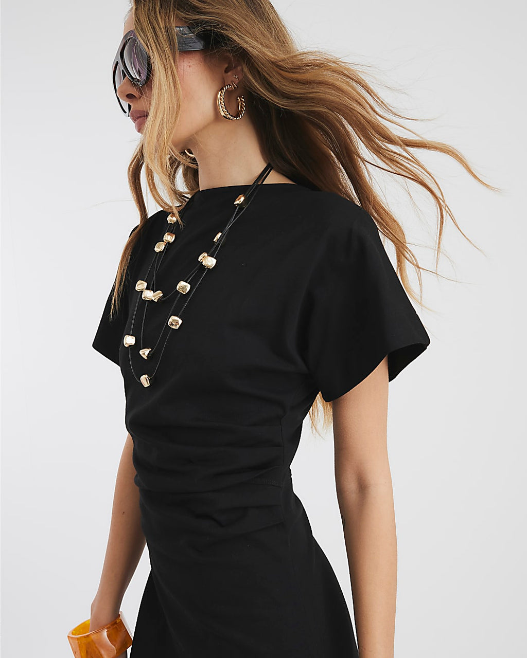 Short Sleeve Drape Side Midi Dress