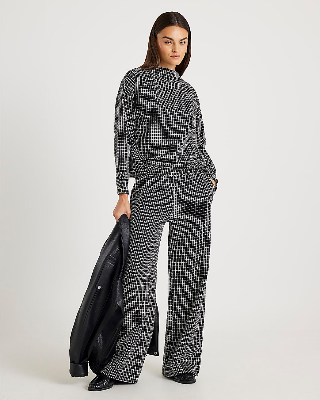 Black Long Sleeve Boucle Check Top