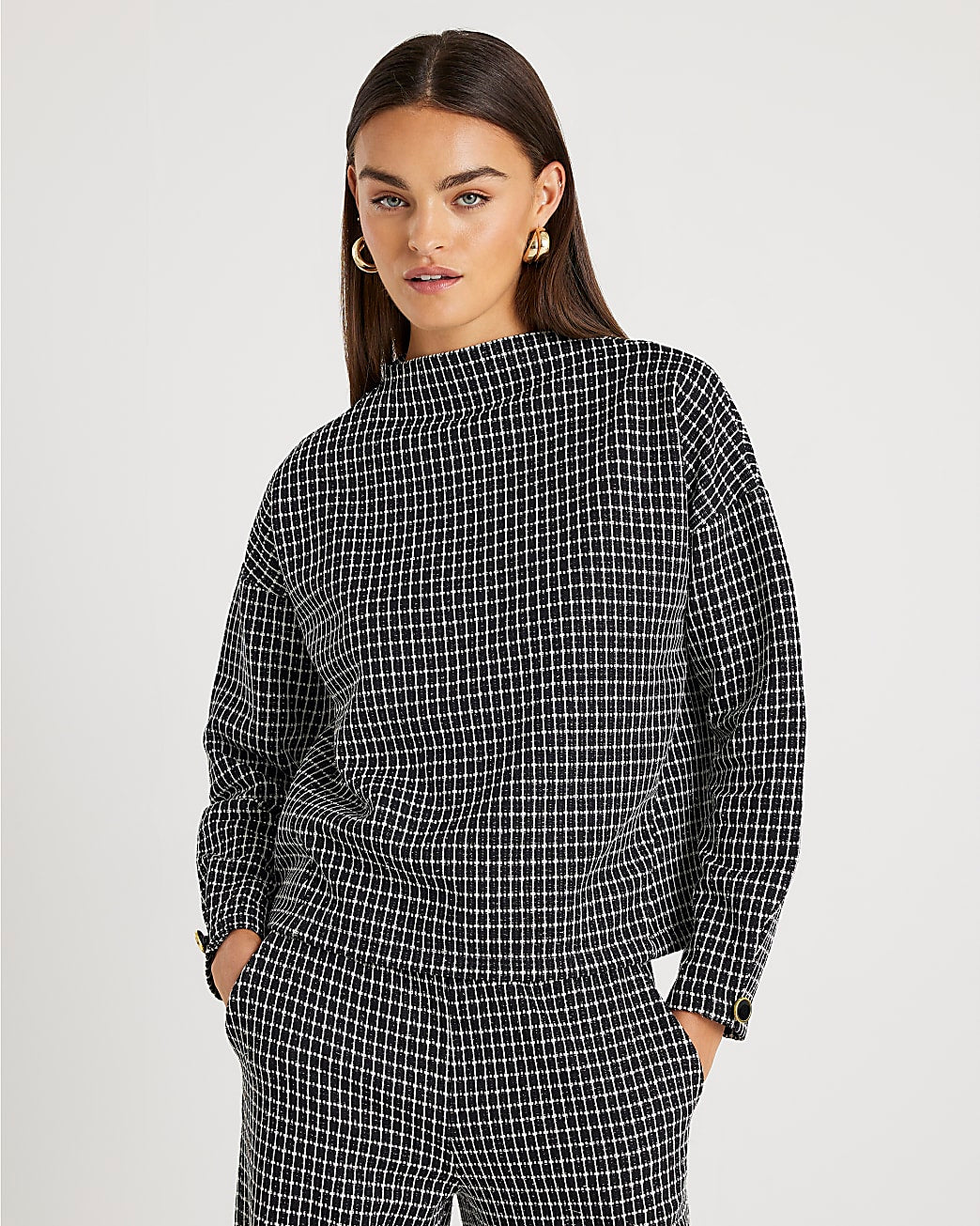 Black Long Sleeve Boucle Check Top