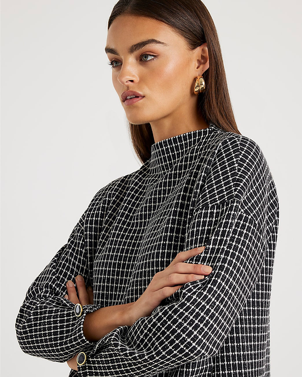 Black Long Sleeve Boucle Check Top
