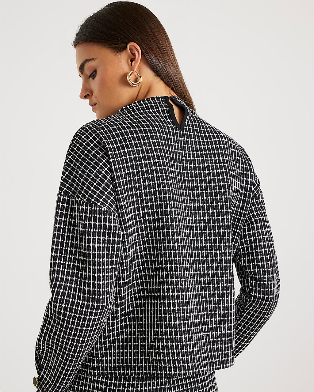 Black Long Sleeve Boucle Check Top