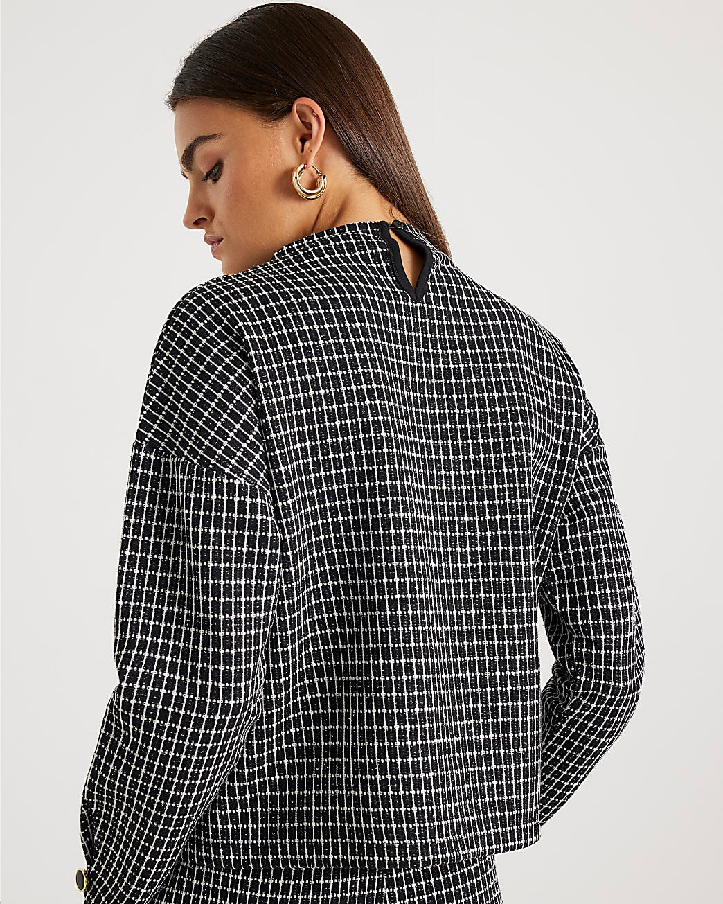 Black Long Sleeve Boucle Check Top