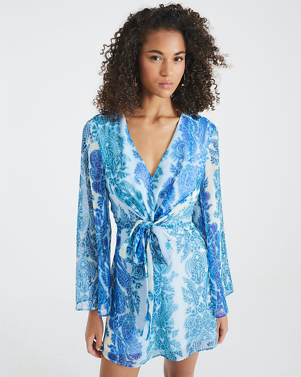 Long Sleeve Tie Front Mini Dress