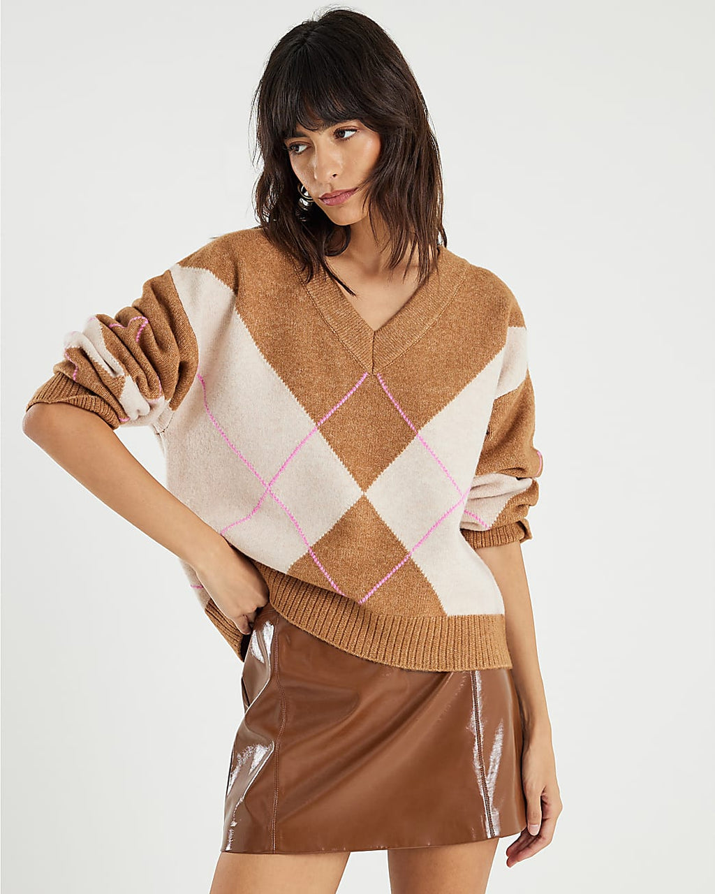 Brown Argyle V Neck Knit Jumper