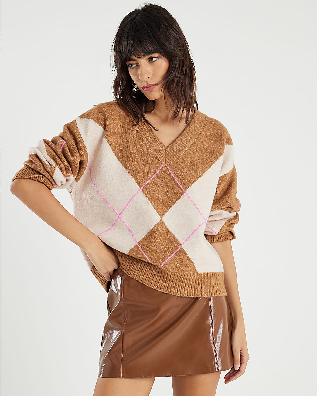 Brown Argyle V Neck Knit Jumper
