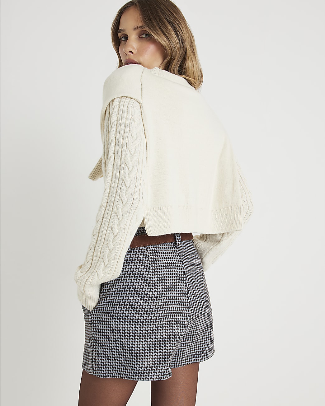 Cream Cable Knit Tie Neck Jumper