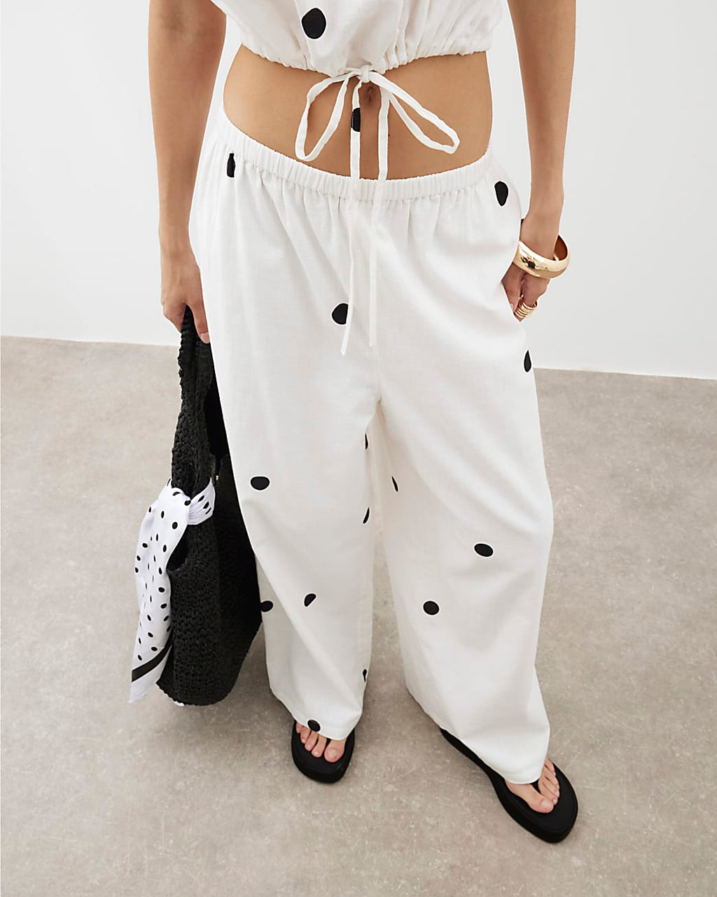 Cream Polka Dot Wide Leg Trousers