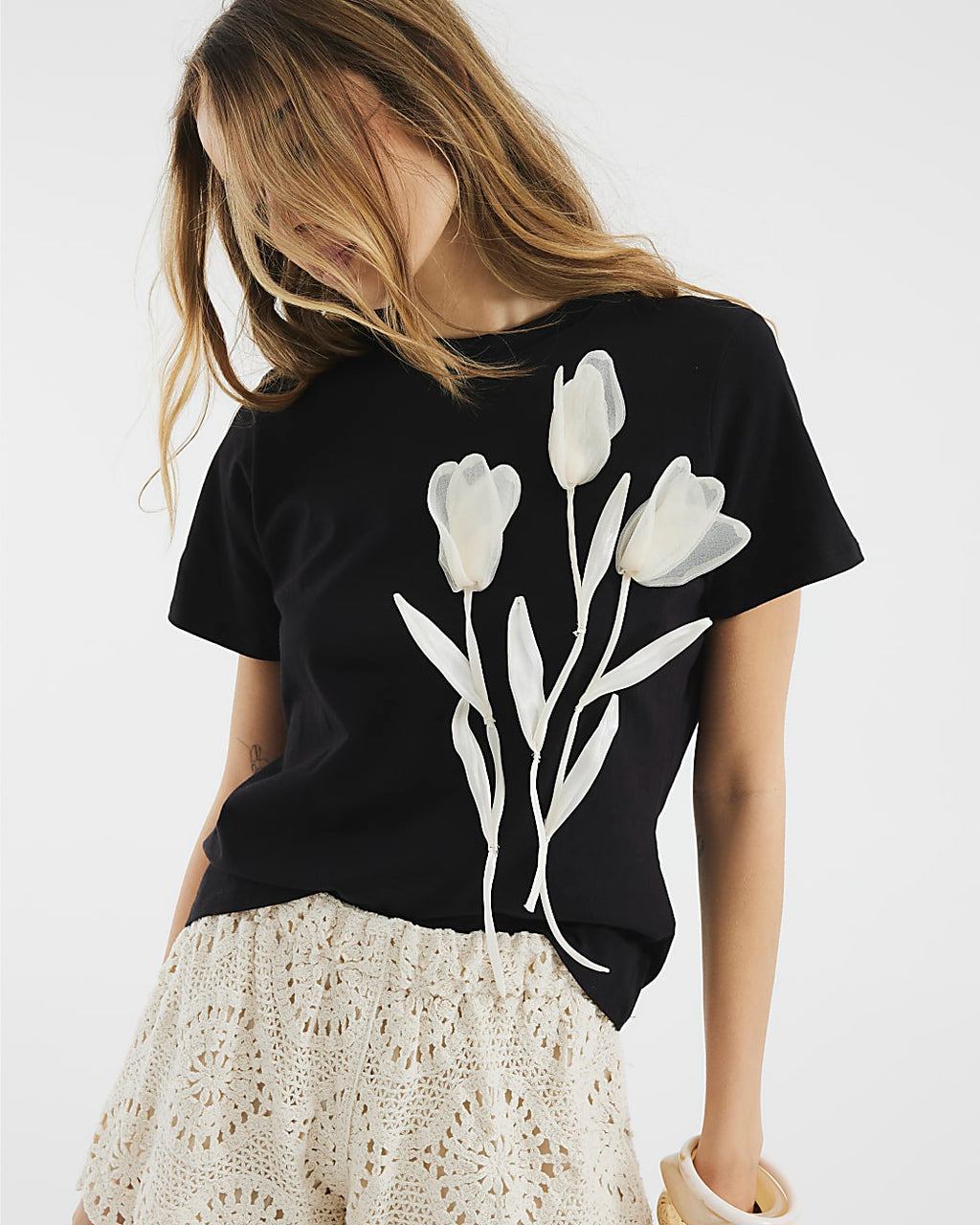 Eerie Black T.shirt with Delicate Organza Blooms