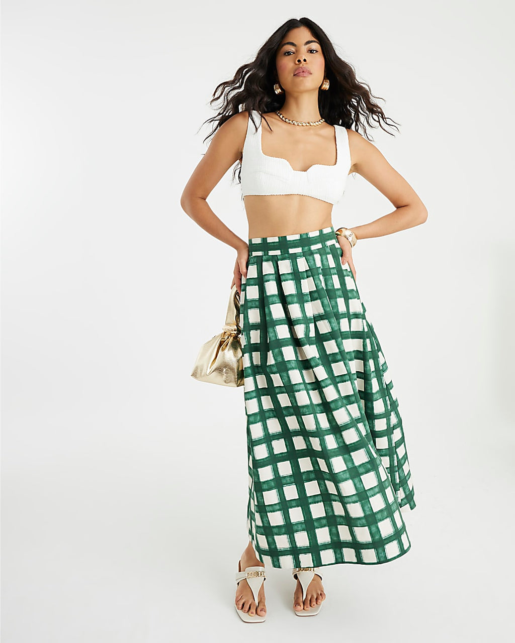 Emerald Plaid Midi Skirt