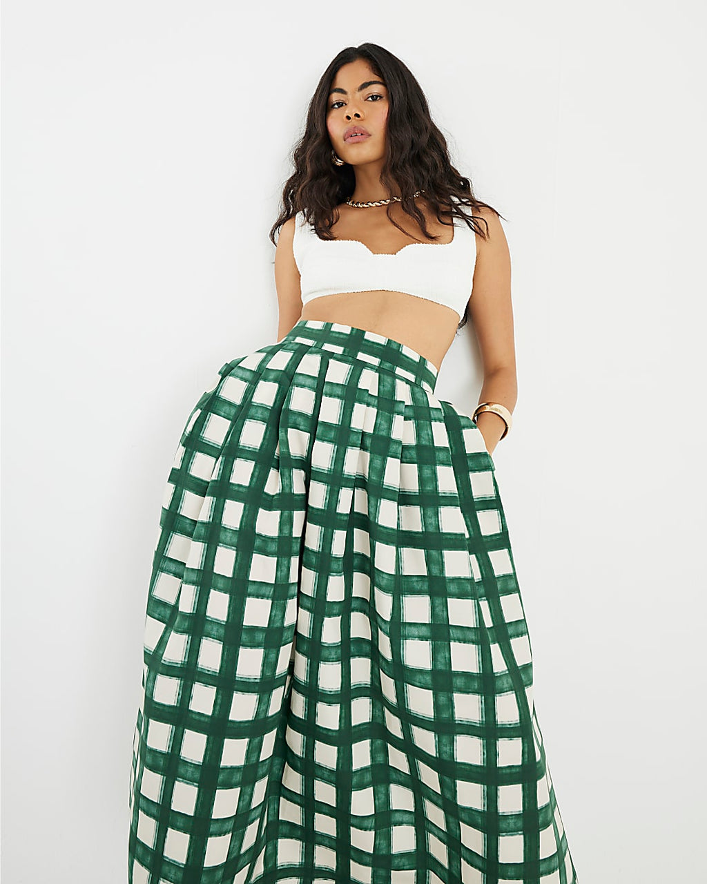Emerald Plaid Midi Skirt
