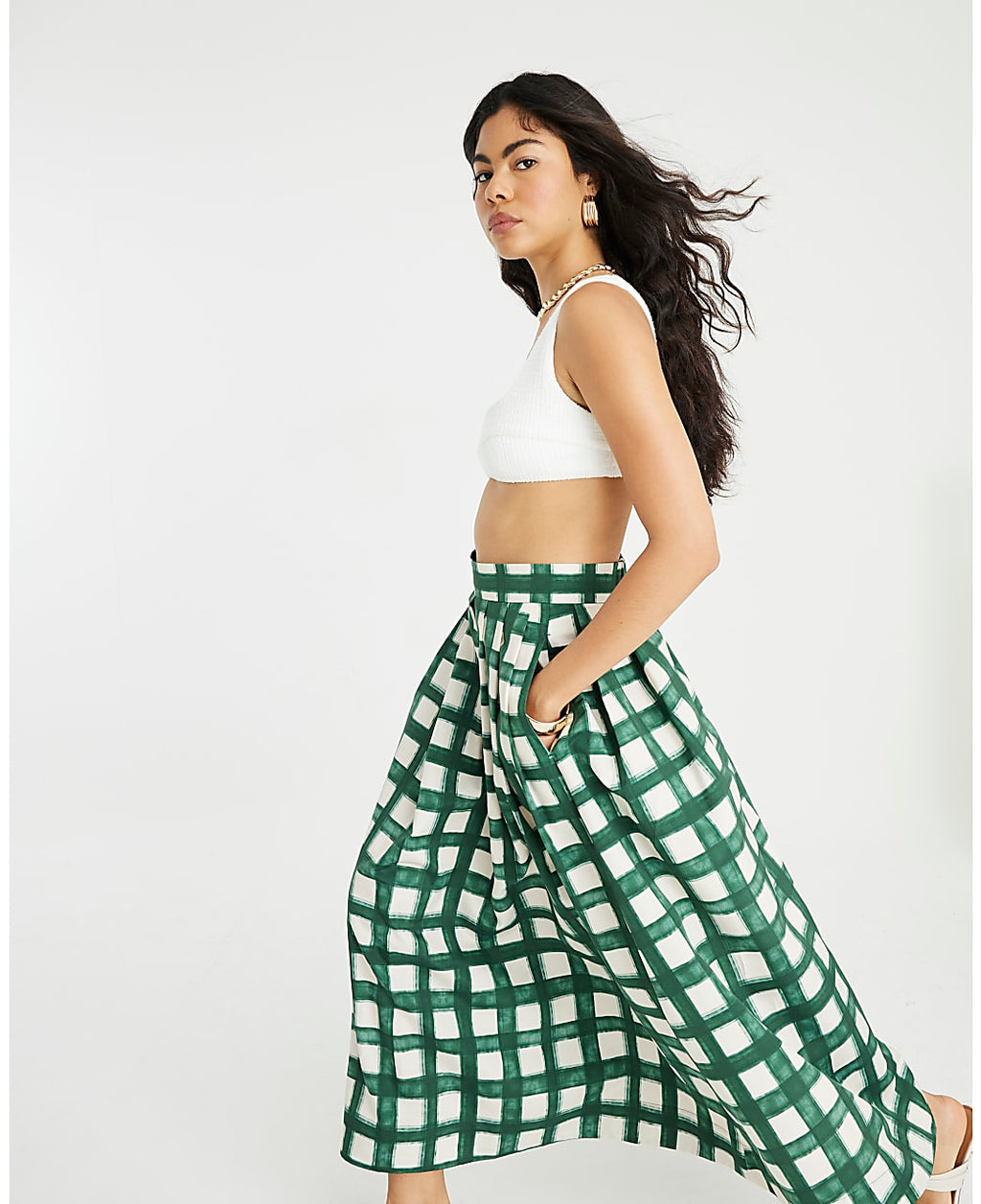 Emerald Plaid Midi Skirt