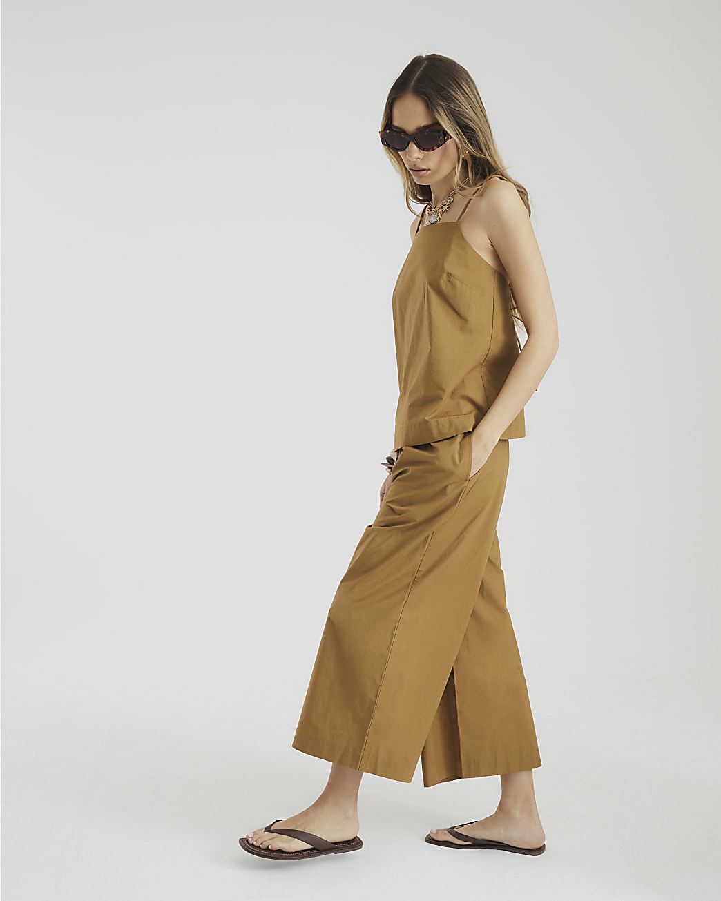 Metallic Bronze Poplin Cropped Trousers