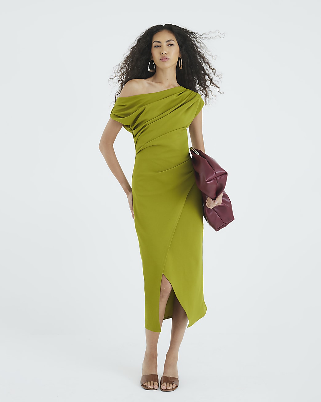 Olive Asymmetric Draped Wrap Midi Dress